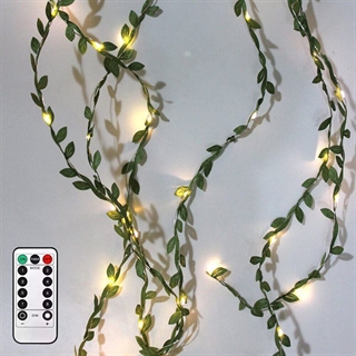 Batteridrevet lyskæde med grønne blade og fjernbetjening - 5 m 50 lys
